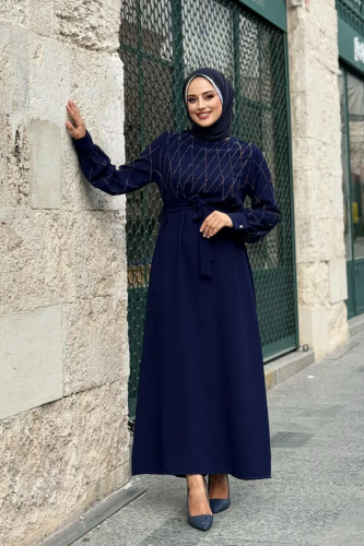 Taş İşlemeli Kuşaklı Elbise 3830 Lacivert - Bym Fashion