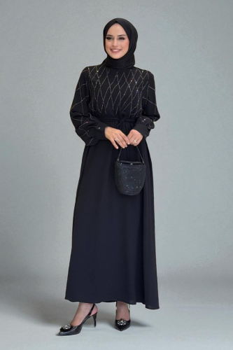 Taş İşlemeli Kuşaklı Elbise 3830 Siyah - Bym Fashion