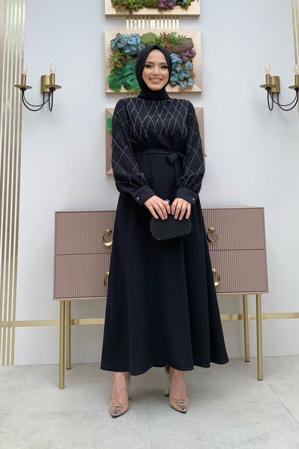 Taş İşlemeli Kuşaklı Elbise 3830 Siyah - 6