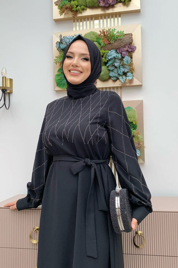Taş İşlemeli Kuşaklı Elbise 3830 Siyah - 8