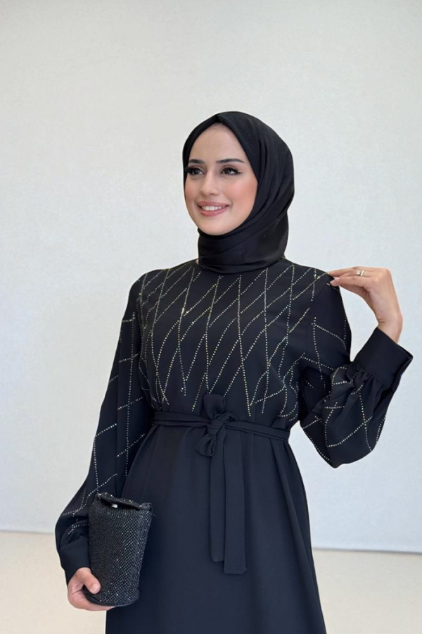 Taş İşlemeli Kuşaklı Elbise 3830 Siyah - 5