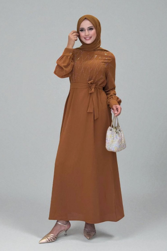 Taş İşlemeli Kuşaklı Elbise 3830 Taba - Bym Fashion