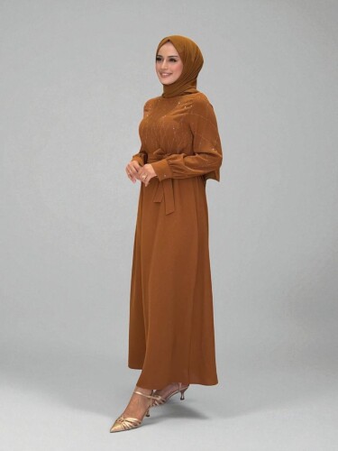 Taş İşlemeli Kuşaklı Elbise 3830 Taba - 3