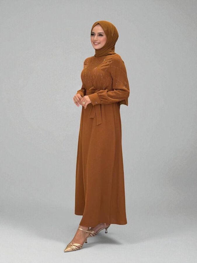 Taş İşlemeli Kuşaklı Elbise 3830 Taba - 3