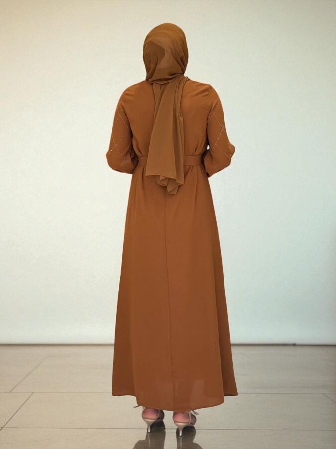 Taş İşlemeli Kuşaklı Elbise 3830 Taba - 2