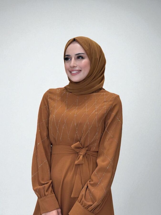 Taş İşlemeli Kuşaklı Elbise 3830 Taba - 4