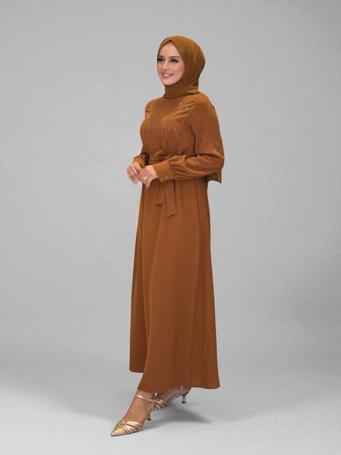 Taş İşlemeli Kuşaklı Elbise 3830 Taba - 3