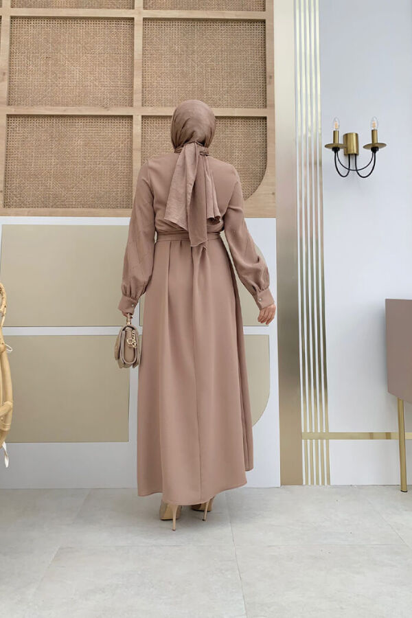 Taş İşlemeli Kuşaklı Elbise 3830 Vizon - 6