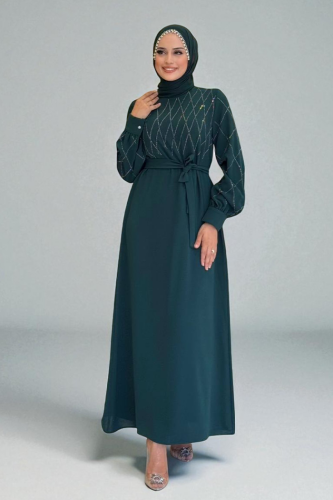 Taş İşlemeli Kuşaklı Elbise 3830 Zümrüt - Bym Fashion