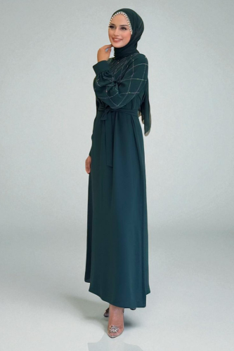Taş İşlemeli Kuşaklı Elbise 3830 Zümrüt - 3