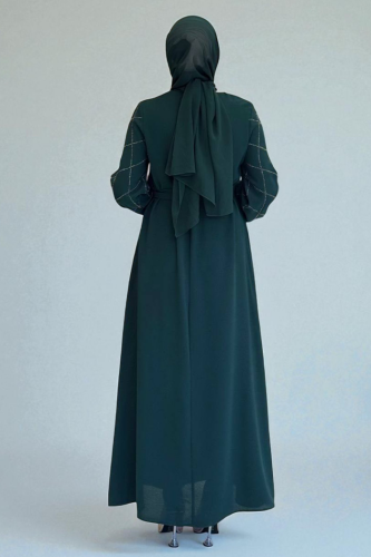 Taş İşlemeli Kuşaklı Elbise 3830 Zümrüt - 2