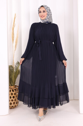 Piliseli Kat Kat Detaylı Astarlı Elbise 3836 Lacivert 