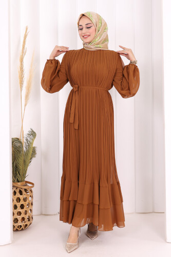 Piliseli Kat Kat Detaylı Astarlı Elbise 3836 Taba 