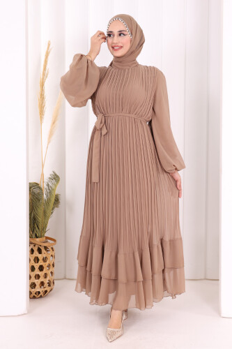 Piliseli Kat Kat Detaylı Astarlı Elbise 3836 Vizon 