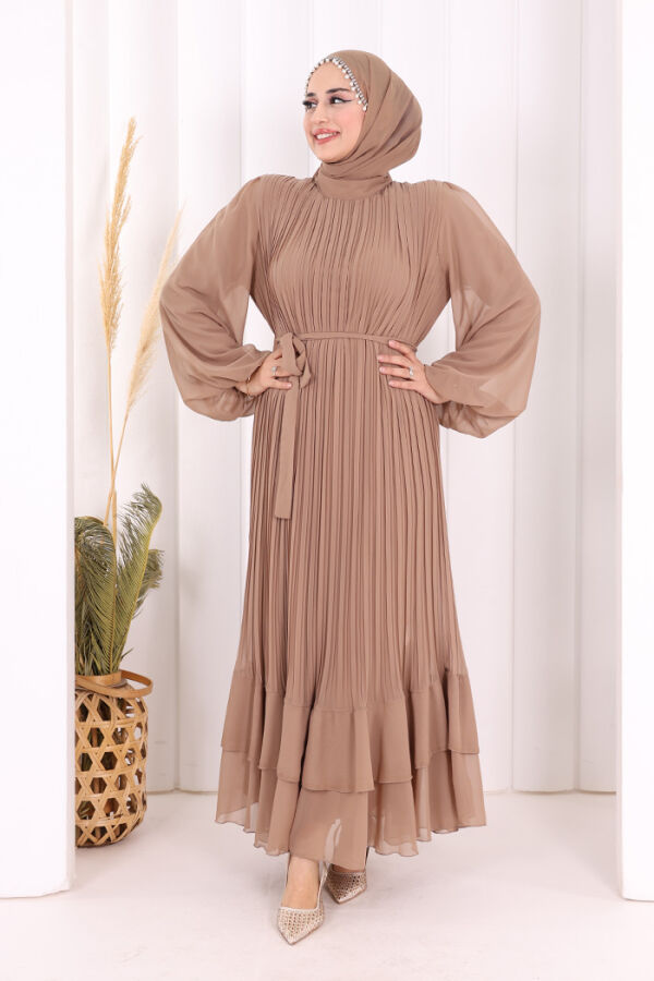 Piliseli Kat Kat Detaylı Astarlı Elbise 3836 Vizon - 2