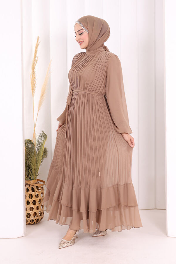 Piliseli Kat Kat Detaylı Astarlı Elbise 3836 Vizon - 3