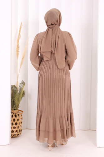 Piliseli Kat Kat Detaylı Astarlı Elbise 3836 Vizon - 4