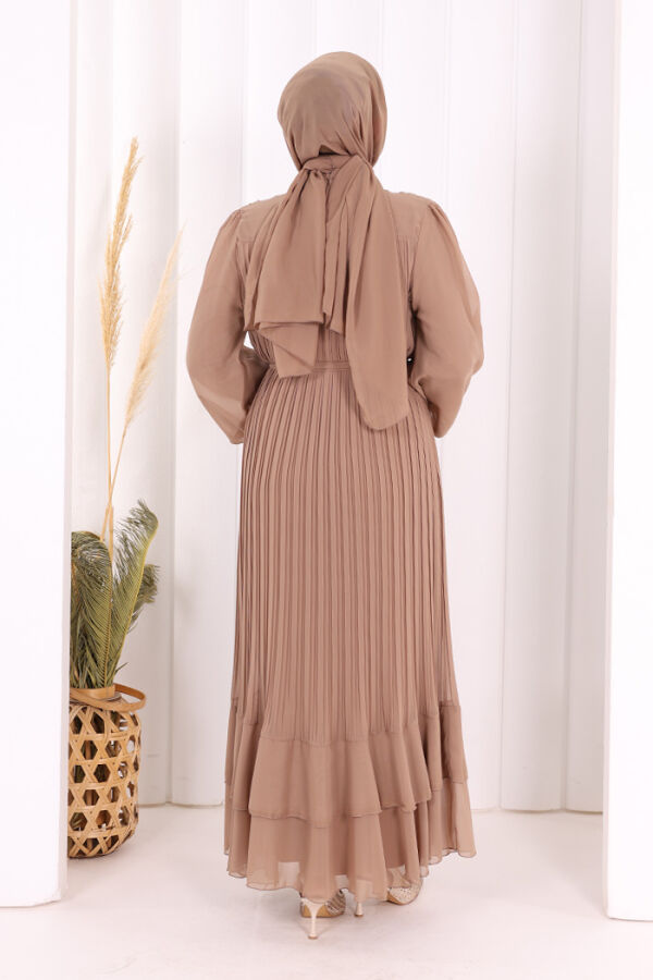 Piliseli Kat Kat Detaylı Astarlı Elbise 3836 Vizon - 4