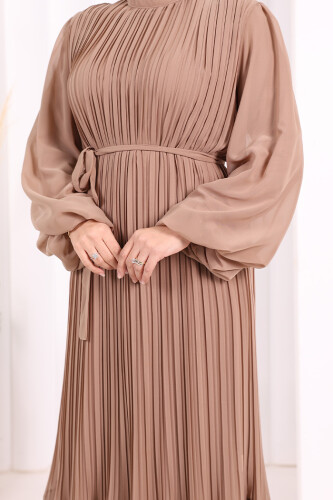 Piliseli Kat Kat Detaylı Astarlı Elbise 3836 Vizon - 6