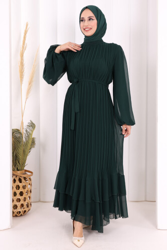 Piliseli Kat Kat Detaylı Astarlı Elbise 3836 Zümrüt 