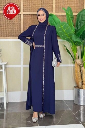 Büyük Beden Taş İşleme Detaylı Yelekli Elbise Takım 3838-1 Lacivert - Bym Fashion