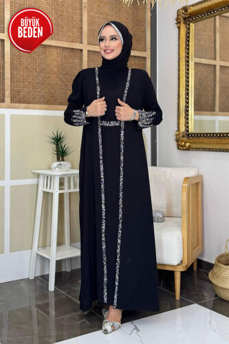 Büyük Beden Taş İşleme Detaylı Yelekli Elbise Takım 3838-1 Siyah - Bym Fashion