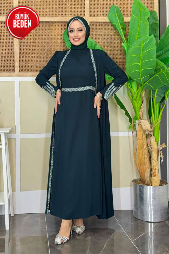 Büyük Beden Taş İşleme Detaylı Yelekli Elbise Takım 3838-1 Zümrüt - Bym Fashion