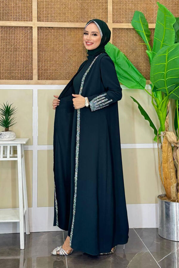 Büyük Beden Taş İşleme Detaylı Yelekli Elbise Takım 3838-1 Zümrüt - 2