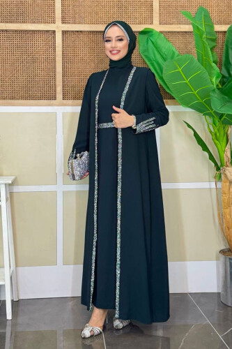 Büyük Beden Taş İşleme Detaylı Yelekli Elbise Takım 3838-1 Zümrüt - 3