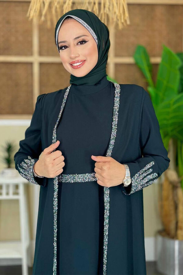 Büyük Beden Taş İşleme Detaylı Yelekli Elbise Takım 3838-1 Zümrüt - 4