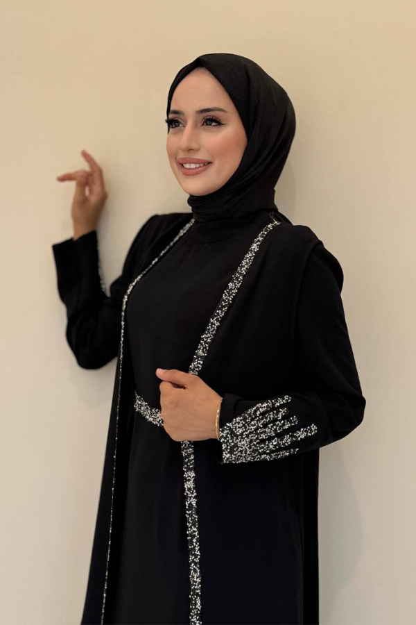 طقم فستان سترة بتفاصيل مطرزة بأحجار كريمة 3838 أسود - 4