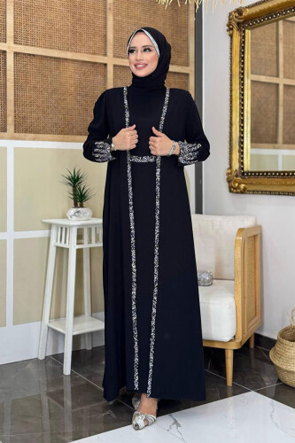 Stone Embroidered Detailed Vest Dress Suit 3838 Black 