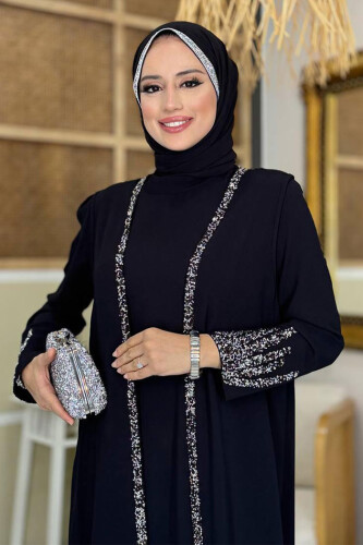 Stone Embroidered Detailed Vest Dress Suit 3838 Black - 4