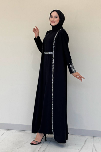 Stone Embroidered Detailed Vest Dress Suit 3838 Black - 3