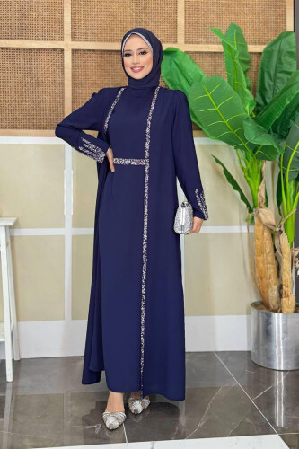 Stone Embroidered Detailed Vest Dress Suit 3838 Navy Blue 