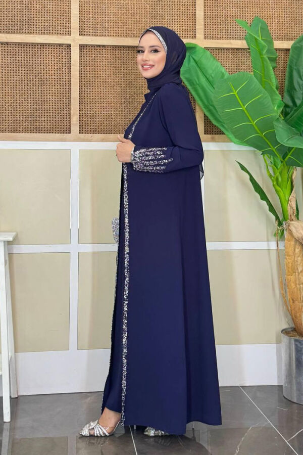 Stone Embroidered Detailed Vest Dress Suit 3838 Navy Blue - 3