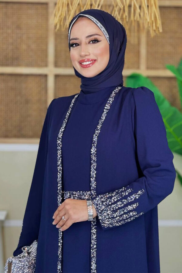 Stone Embroidered Detailed Vest Dress Suit 3838 Navy Blue - 4