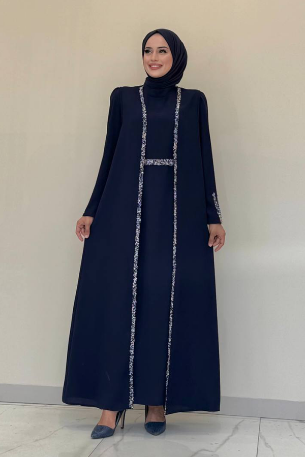 Stone Embroidered Detailed Vest Dress Suit 3838 Navy Blue - 3