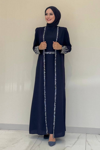 Stone Embroidered Detailed Vest Dress Suit 3838 Navy Blue 
