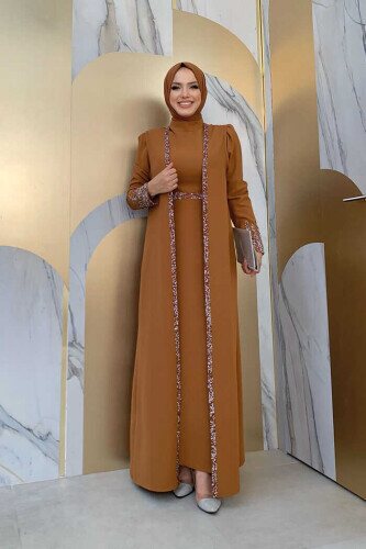 Stone Embroidered Detailed Vest Dress Suit 3838 Tan 