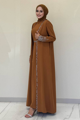 Stone Embroidered Detailed Vest Dress Suit 3838 Tan - 3