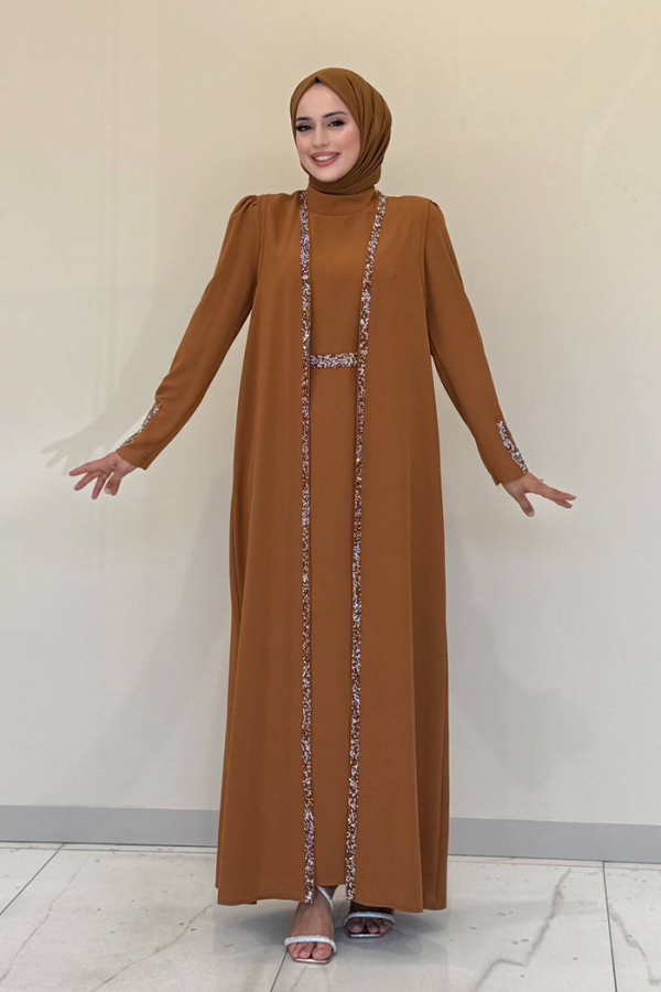 Stone Embroidered Detailed Vest Dress Suit 3838 Tan - 1