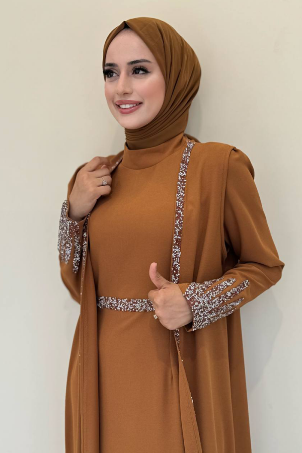 Stone Embroidered Detailed Vest Dress Suit 3838 Tan - 4