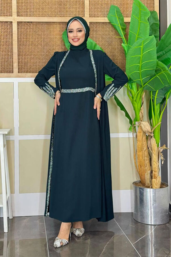 Stone Embroidered Detailed Vest Dress Suit 3838 Emerald - 1