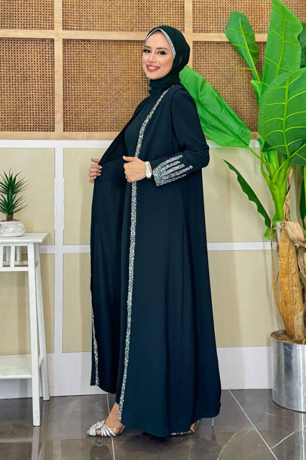 Stone Embroidered Detailed Vest Dress Suit 3838 Emerald - 2