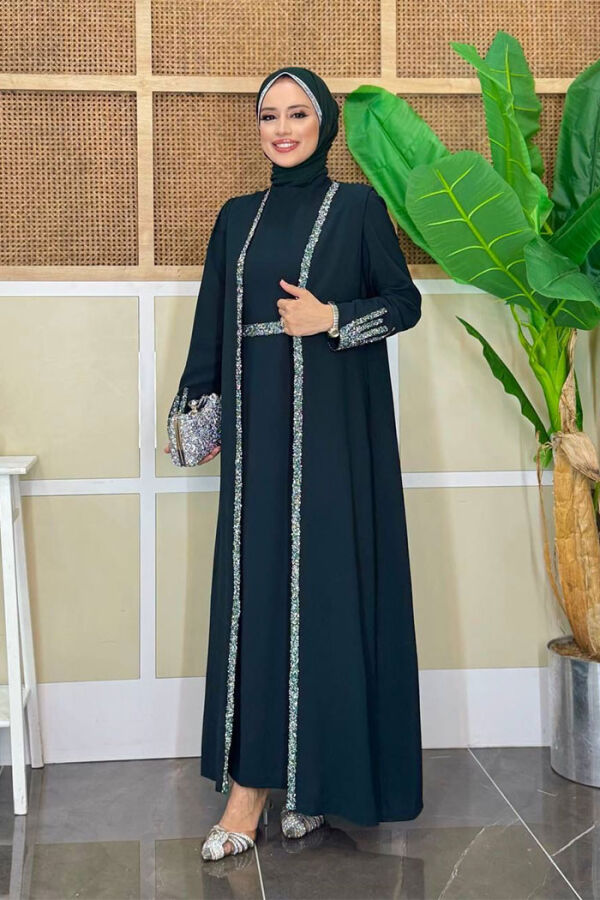 Stone Embroidered Detailed Vest Dress Suit 3838 Emerald - 3
