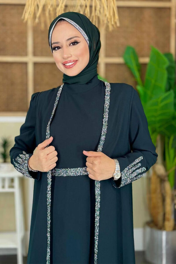 Stone Embroidered Detailed Vest Dress Suit 3838 Emerald - 4