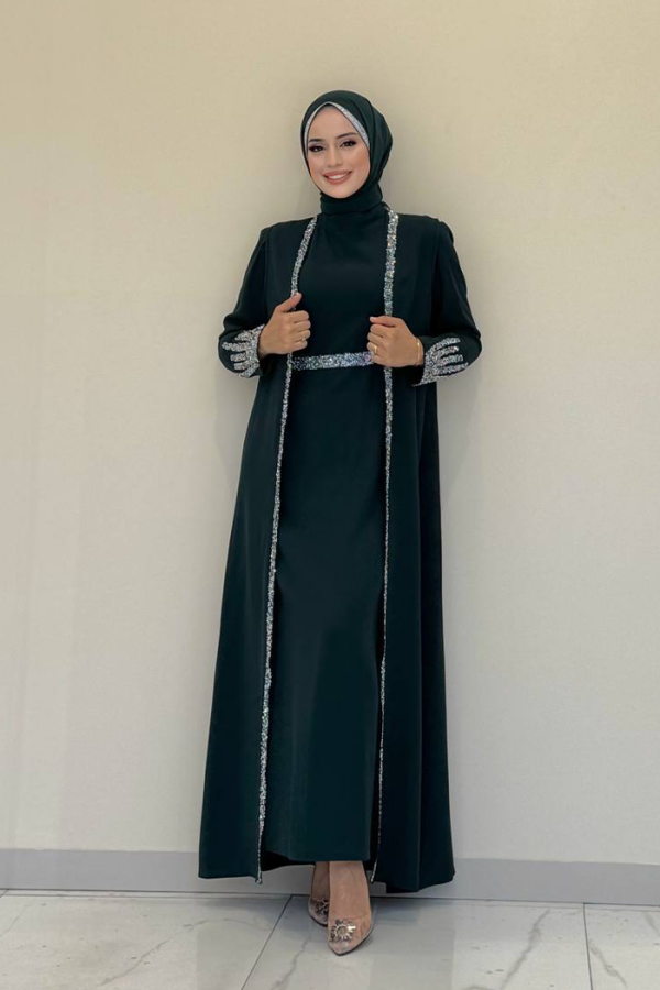 Stone Embroidered Detailed Vest Dress Suit 3838 Emerald - 1