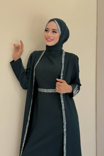 Stone Embroidered Detailed Vest Dress Suit 3838 Emerald - 4