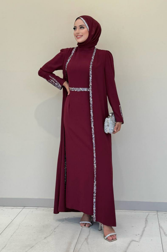 Taş İşleme Detaylı Yelekli Elbise Takım 3838 Bordo 
